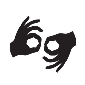 Symbol for Auslan: two hands, black on white background