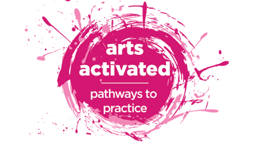 arts activated conference logo splatter like pink circle with white text pathways to practice