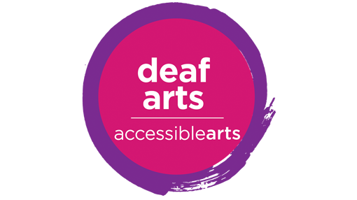Deaf Arts logo pink circle with white text with purple outer circle