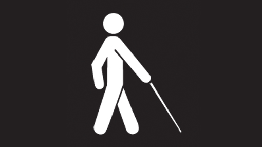 VIDS artist run initiative black background with white stylised figure walking with a cane pointed in front
