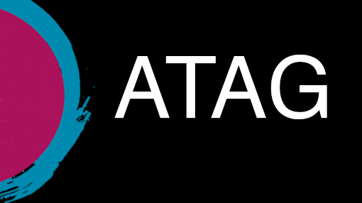 An image of the ATAG logo, white on black with pink and blue detail