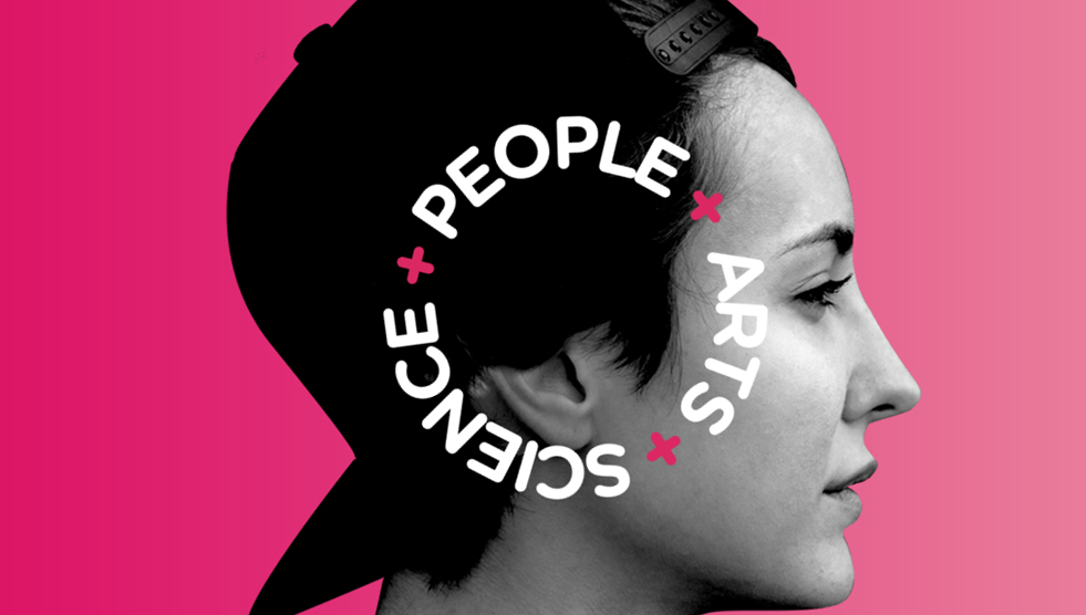 Side on view of a woman's face. She is wearing a cap and is against a pink background. Overlaid text reads: people + Science + Arts