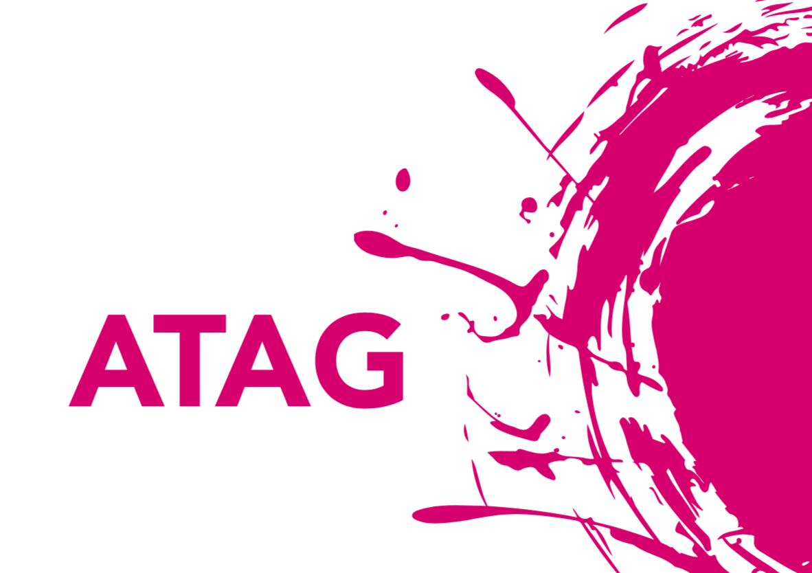 Logo image of ATAG. Purple word ATAG and purple graphic against a white background.