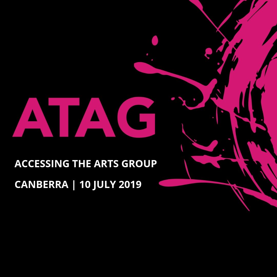 Image of ATAG logo, black background with pink writing on it - 'ATAG Accessing the Arts Group'