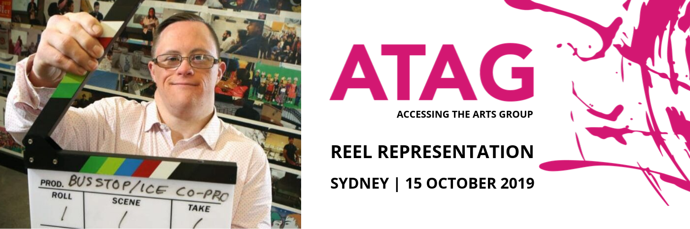 Image of a man with glasses holding a clapperboard on a film set. Logo of ATAG with the words 'Reel Representation'