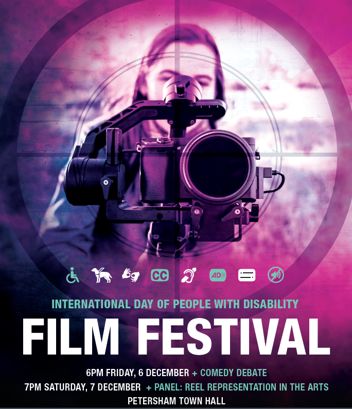 Image shows a close up of a camera with a person standing behind the camera. Across the top are the word 'International Day of People With A Disability Film Festival'