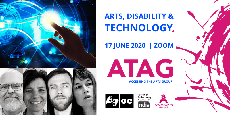 Promotional Image for ATAG Online with event text, various logos, for black and white heads shots of two women and two men and a promotional image of a hand touching a glowing blue electronic screen