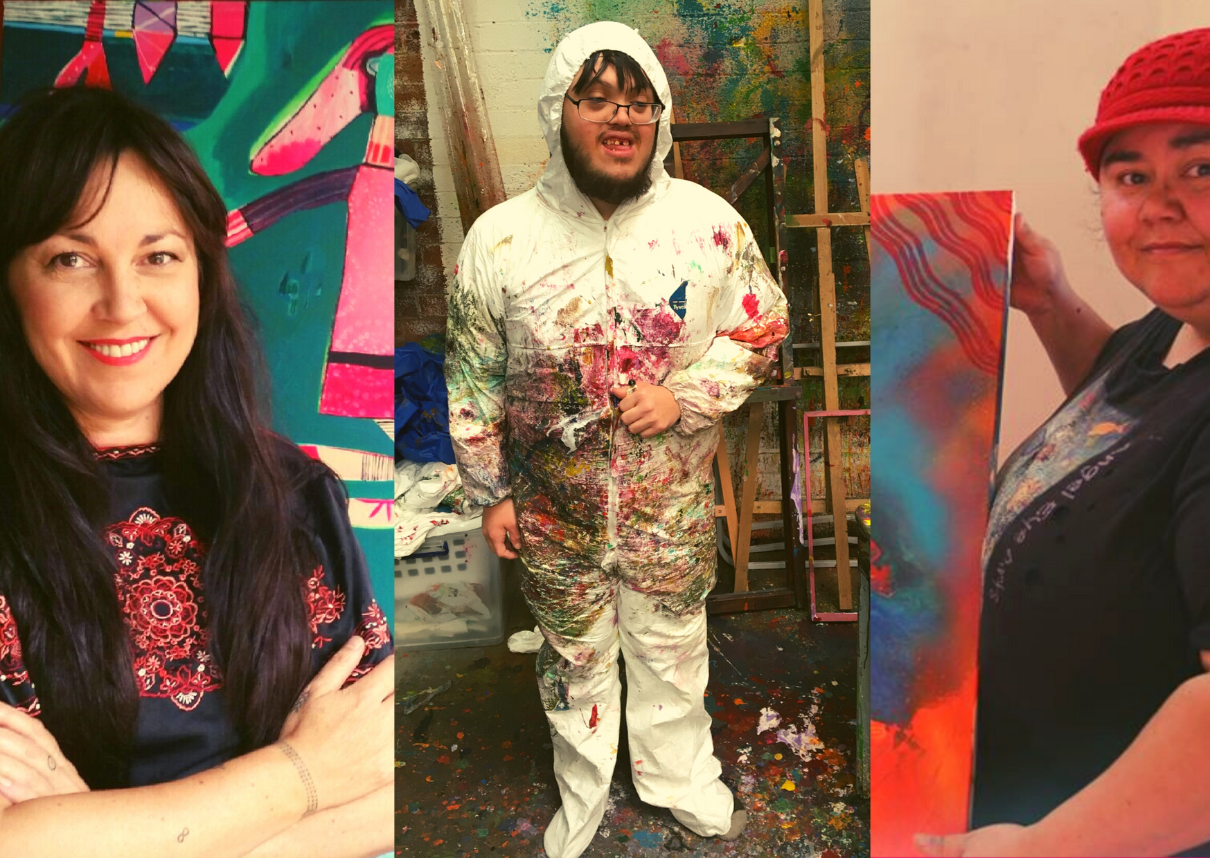 A composite image of three visual artists. On the left is a women with long dark hair next to a colourful painting. In the middle is a young man in a paint splattered white plastic hooded jumpsuit. On the right is a woman in a red hat with colourful painting.