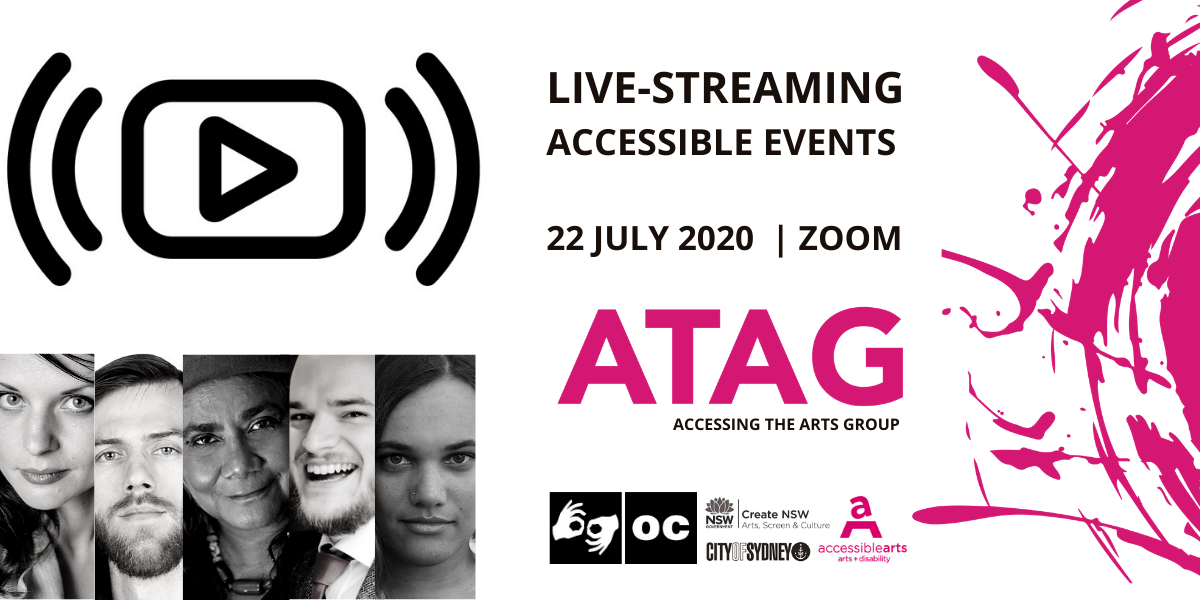 Promotional Image for ATAG Online with event text, various logos, five black and white head shots of three women and two men and a promotional image featuring a live streaming icon