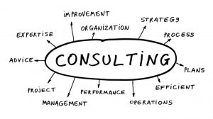 the word consulting in a hand drawn line art oval surrounded by various organisational words in a smaller font