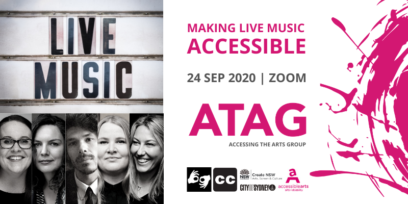 Promotional image for ATAG Online with event text, various logos, and black and white head shots of four women and a man below a photo of the words LIVE MUSIC on a light box billboard.