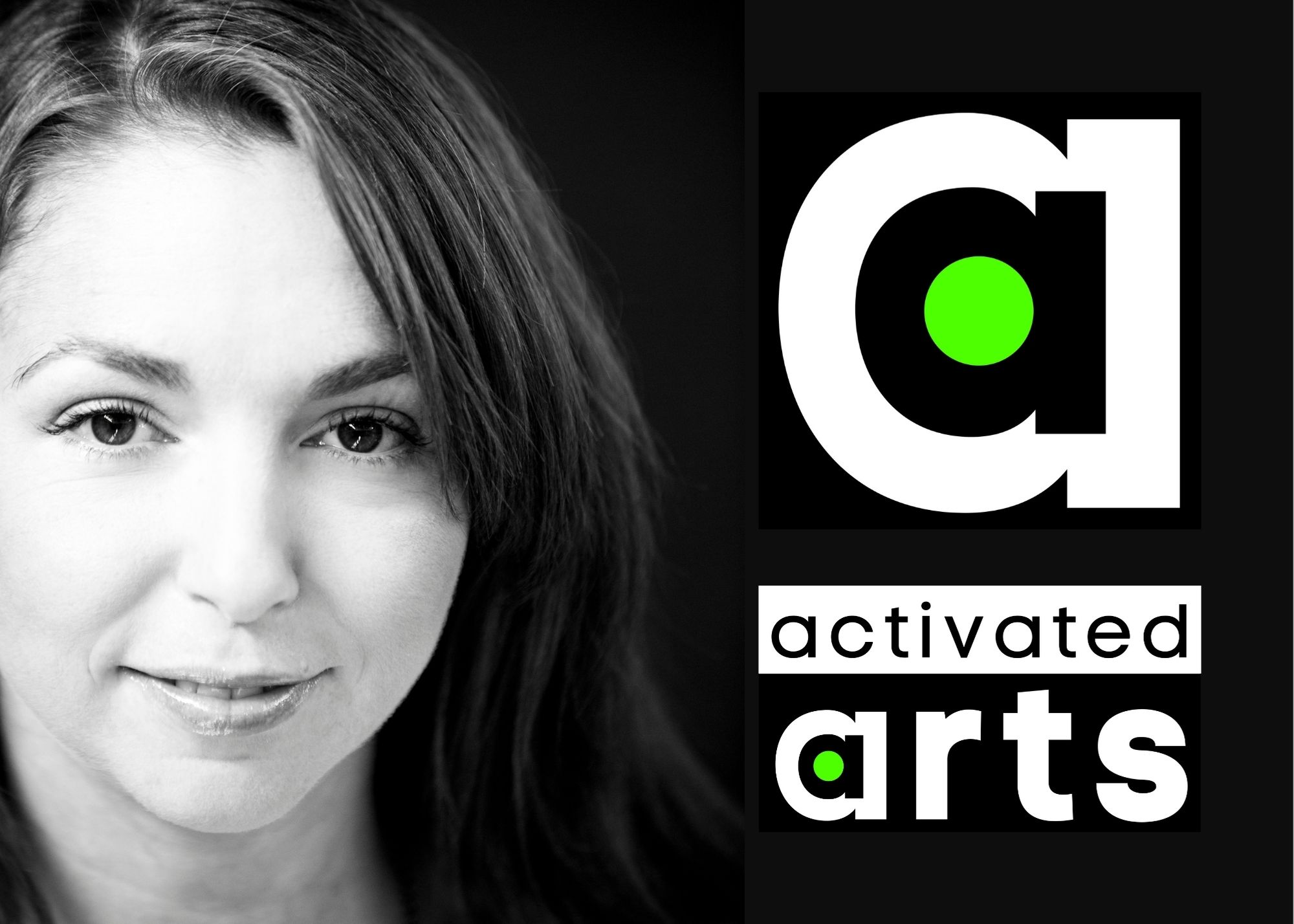 A headshot of a Caucasian woman with long dark hair is on the left. On the right is a black lowercase a inside a larger white lowercase a. A lime green cirle is located within the lowercase black a.