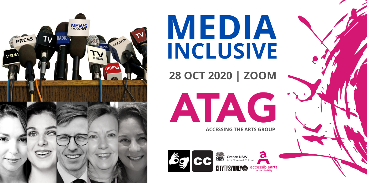 Promotional image for ATAG Online with event text, various logos, and black and white head shots of four women and a man below a photo of many microphones on a wooden table.
