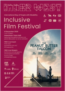 Promotional flyer for Inner West Inclusive Film Festival with text, images and logos. The flyer is dark red with yellow text. The image is of three people on a raft on a river. 