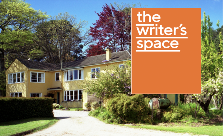 An image of a large yellow house in a garden. The words THE WRITERS SPACE appear in a lower case white font in the top right corner of the image. Behind these words is an orange rectangle.