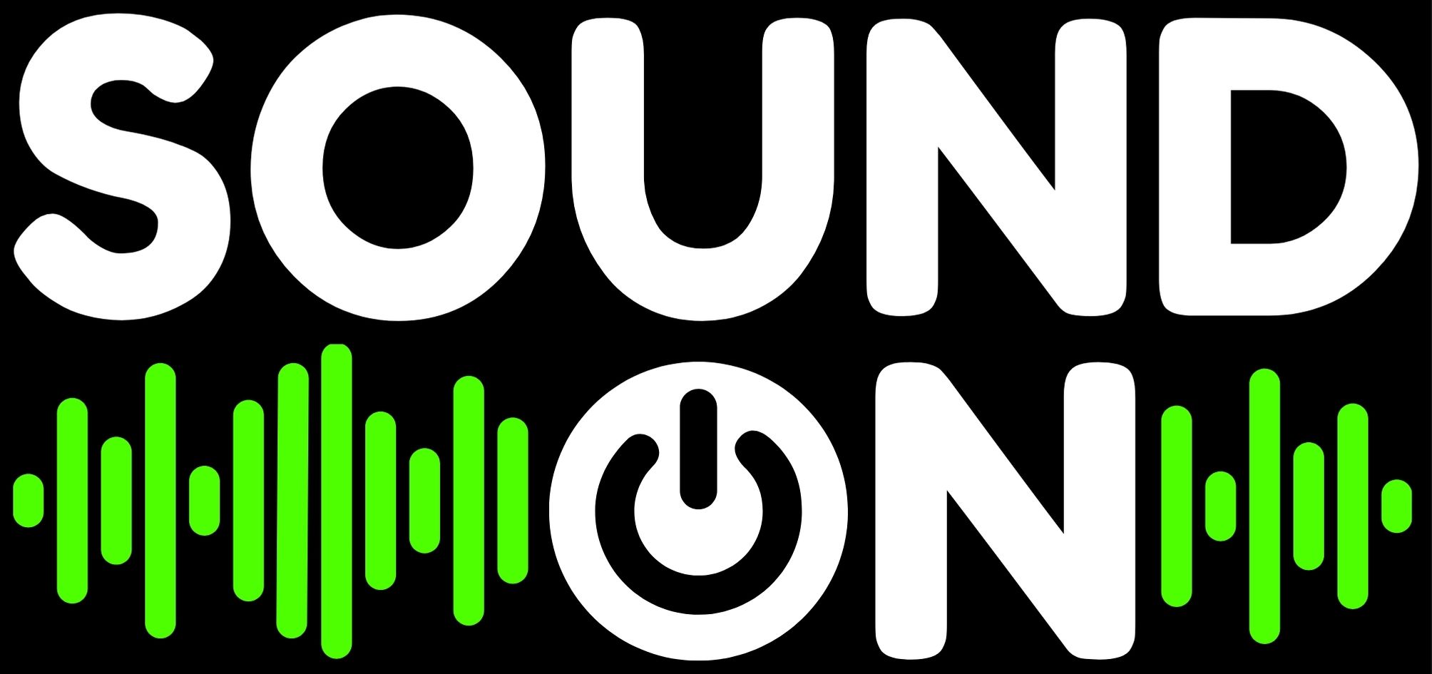The words SOUND and ON are stacked in a white font in capital letters with a lime green sound wave on either side of the word ON. The letter O in ON is a power on icon.