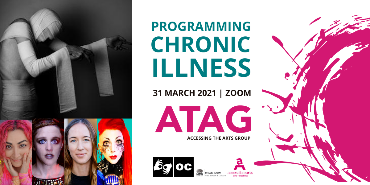 Promotional image for ATAG Online with event text, various logos, and colour head shots of four women below a black and white photo of a male body covered in bandages with arms outstretched.