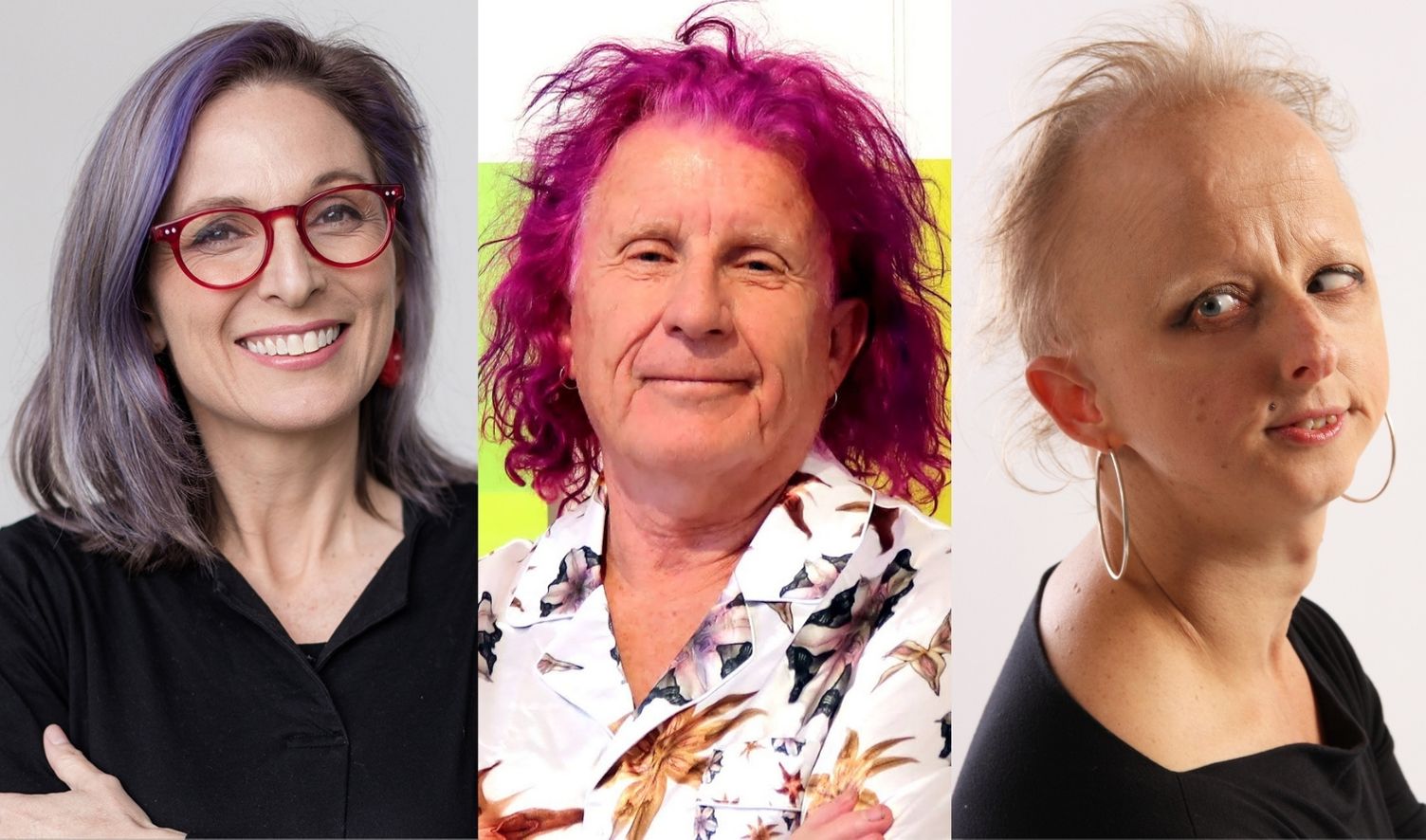 Headshots of three people. On the left is a woman with long dark hair with purple highlights wearing a black top and red-framed glasses. In the middle is a man with pink hair wearing a floral patterned shirt. On the right is a woman with short blonde hair wearing a black top and large hoop earrings.  