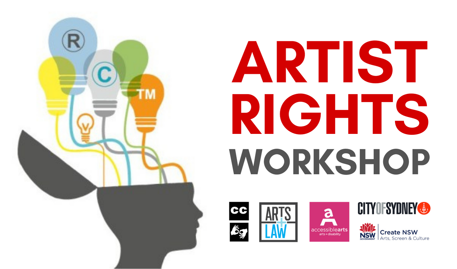On the left is an illustration of a human head with different coloured light bulbs coming out of it. On the right are the words ARTIST RIGHTS WORKSHOP and some logos.