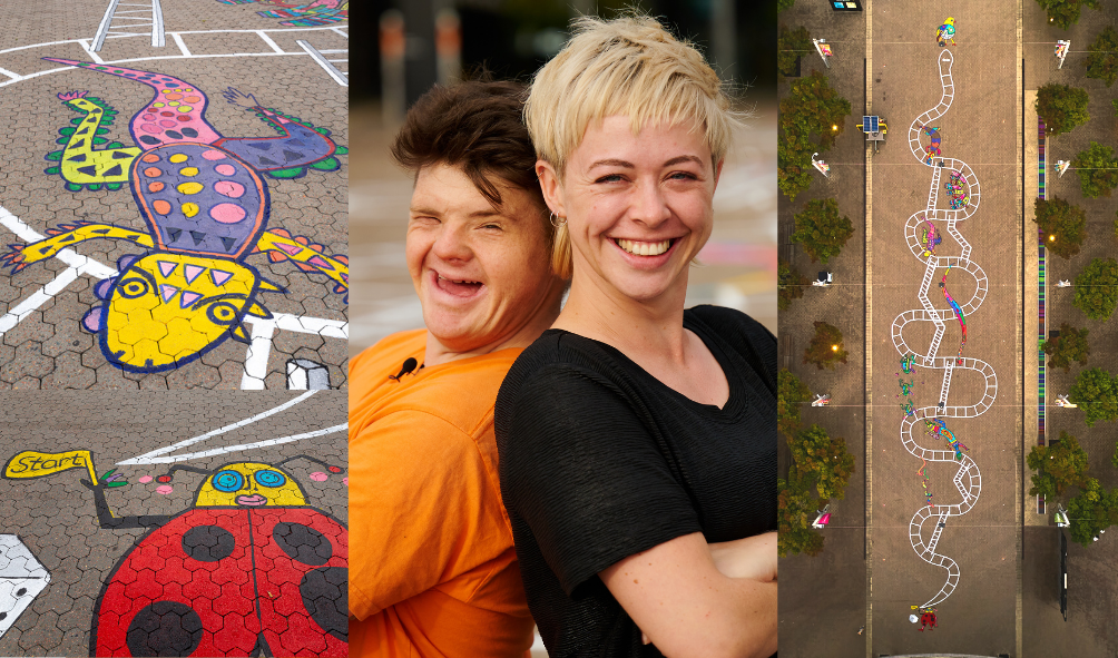 In the middle is an image of a young man with short dark hair wearing an orange T-shirt and and a young woman with short blonde hair wearing a a black T-shirt. On the left are close up images of colourful artworks on paving of a lizard and a ladybird. On the right is an aerial view of the full artwork which resembles a giant snake.