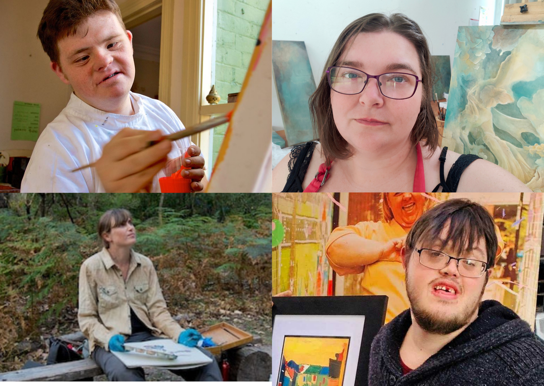 A composite image of four artists with artworks they are painting or have painted.