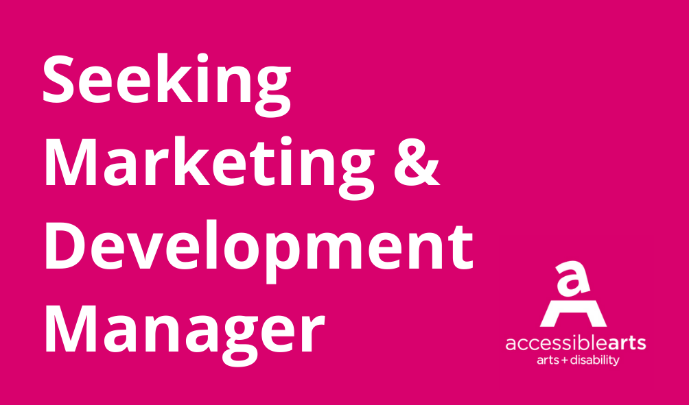 White text on a pink background. The text reads Seeking Marketing & Development Manager