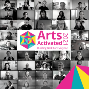 A compilation of 45 black and white headshots of people participating in online Zoom panels. The Arts Activated 2021 logo is in the centre on the image.
