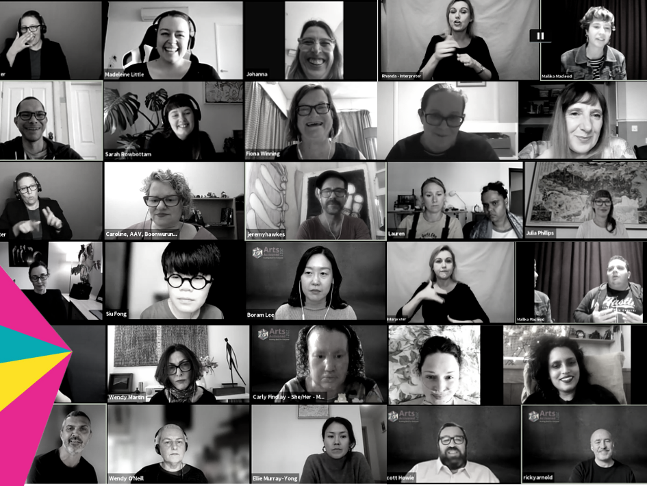 A compilation of 30 black and white headshots of people participating in online Zoom panels.