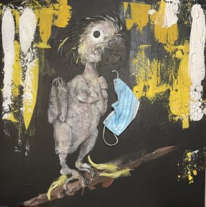 A painting of a defeathered cockatoo with a disposable medical mask hanging from its beak.