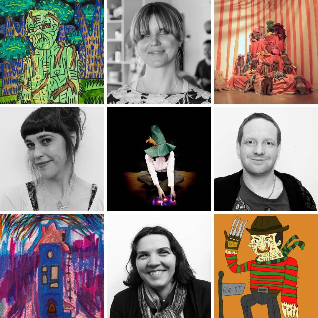 Nine images arranged into a square. Four of the images are black and white headshots of the event speakers: Gabrielle Mordy, Emma Johnston, Greg Sindel and Skye Saxon. The other five photos are colourful artworks Studio A artists have created.