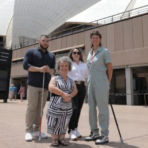 Access Ideas and Insights: Reimagining Performing Arts panelists and MC standing outside the Sydney Opera House. Photo by Dieter Knierim
